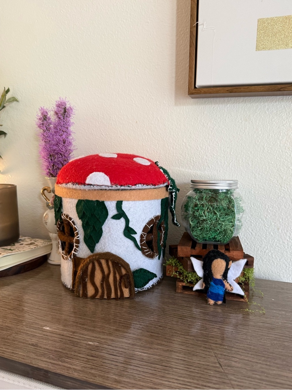 Handmade felt mushroom fairy house